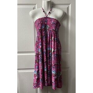 Jennifer Lawrence Plus Womens 3X Pink Smocked Beaded Halter Dress Beach Coverup